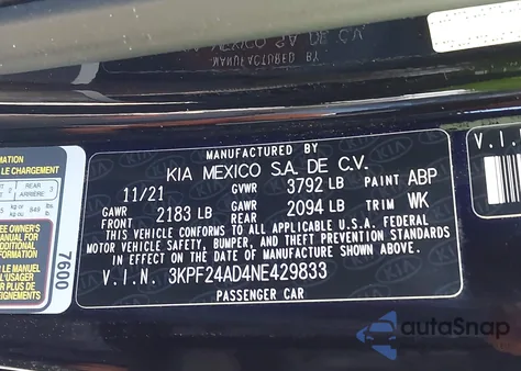 2022 Kia Forte Fe z USA, uszkodzony, nr VIN 3KPF24AD4NE429833